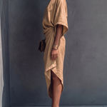 Khaki Draped Asymmetrical Short-sleeved Midi Dress