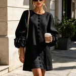 Black Floral Button-down Mini Dress With Striking Floral Cuffs