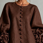 Chocolate Brown Floral Button-down Mini Dress With Striking Floral Cuffs