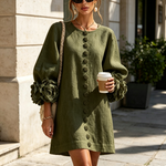 Olive Floral Button-down Mini Dress With Striking Floral Cuffs