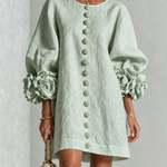 Sage Mist Floral Button-down Mini Dress With Striking Floral Cuffs