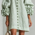 Sage Mist Floral Button-down Mini Dress With Striking Floral Cuffs