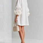 White Floral Button-down Mini Dress With Striking Floral Cuffs