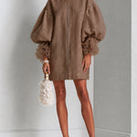 Brown Zip-Front Balloon Sleeve Mini Dress With Pleated Ruffle Cuffs
