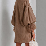 Brown Zip-Front Balloon Sleeve Mini Dress With Pleated Ruffle Cuffs