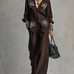 Relaxed Brown Loose-fitting Embroidered Shirt And Wide-leg Pants Suit
