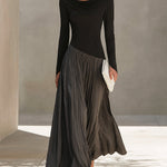 Black And Gray Two-tone Patchwork Draped Neckline Pleated Maxi Dress
