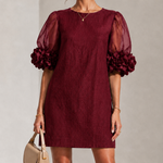 Burgundy Organza Puff-sleeved Mini Dress With Striking Floral Cuffs