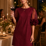 Burgundy Organza Puff-sleeved Mini Dress With Striking Floral Cuffs