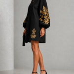 Black Gold Print Loose Mini Dress With Crew Neck And Lantern Sleeves