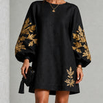 Black Gold Print Loose Mini Dress With Crew Neck And Lantern Sleeves