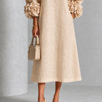 Beige Floral Button-down Midi Dress With Striking Floral Cuffs