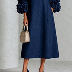 Navy Floral Button-down Midi Dress With Striking Floral Cuffs