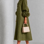 Olive Floral Button-down Midi Dress With Striking Floral Cuffs