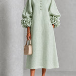 Sage Mist Floral Button-down Midi Dress With Striking Floral Cuffs