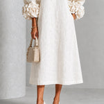 White Floral Button-down Midi Dress With Striking Floral Cuffs