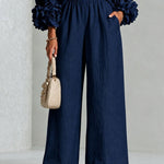 Navy Top Featuring Striking Floral Cuffs Paired With Wide-leg Pants Suit