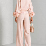 Pink Top Featuring Striking Floral Cuffs Paired With Wide-leg Pants Suit