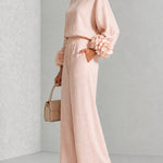 Pink Top Featuring Striking Floral Cuffs Paired With Wide-leg Pants Suit