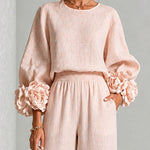 Pink Top Featuring Striking Floral Cuffs Paired With Wide-leg Pants Suit
