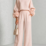 Pink Top Featuring Striking Floral Cuffs Paired With Wide-leg Pants Suit