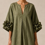 Olive Green V-neck Midi Dress With Striking Floral Cuffs