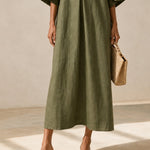 Olive Green V-neck Midi Dress With Striking Floral Cuffs