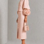 Pink Floral Button-front Top And Skirt Set Featuring Striking Floral Cuffs