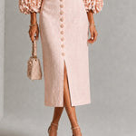 Pink Floral Button-front Top And Skirt Set Featuring Striking Floral Cuffs