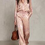Burgundy-purple Paisley Print Satin Long-sleeve Shirt And Wide-leg Trousers Set (with belt)