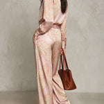 Burgundy-purple Paisley Print Satin Long-sleeve Shirt And Wide-leg Trousers Set (with belt)