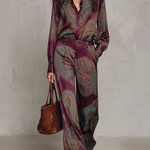 Burgundy-purple Paisley Print Satin Long-sleeve Shirt And Wide-leg Trousers Set (with belt)