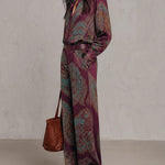 Burgundy-purple Paisley Print Satin Long-sleeve Shirt And Wide-leg Trousers Set (with belt)