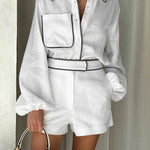 Black and White Contrast Cotton and Linen Shirt and Shorts Two-piece Set