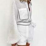 Black and White Contrast Cotton and Linen Shirt and Shorts Two-piece Set