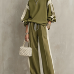 Olive Green Crew-neck Sweatshirt And Drawstring Wide-leg Pants Casual Set