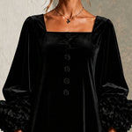 Black Velvet Button-front Mini Dress Featuring Striking Floral Cuffs