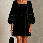 Black Velvet Button-front Mini Dress Featuring Striking Floral Cuffs
