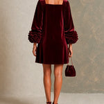 Burgundy Velvet Button-front Mini Dress Featuring Striking Floral Cuffs