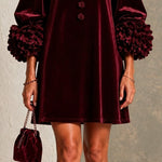 Burgundy Velvet Button-front Mini Dress Featuring Striking Floral Cuffs