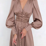 Satin Solid Balloon Sleeve V Neck Midi Dress