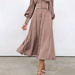 Satin Solid Balloon Sleeve V Neck Midi Dress