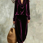 Black Velvet Cowl-neck Top And Loose-fitting Cuffed-hem Pants Set