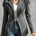 Faux Suede Slim-Fit Lapel Long-Sleeve Jacket with Fringe Detail