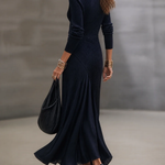 Navy V-neck Ribbed Asymmetrical Wrap Maxi Dress Set With Satin Paneling