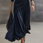 Navy V-neck Ribbed Asymmetrical Wrap Maxi Dress Set With Satin Paneling