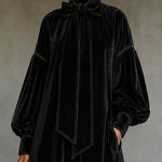 Black Velvet Midi Dress With Bow Detail And Lantern Sleeves