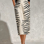 Black Collar Knit Top And Zebra Linen Midi Skirt Two‑Piece Set