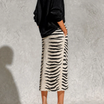 Black Collar Knit Top And Zebra Linen Midi Skirt Two‑Piece Set