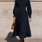 Navy Corset Waist Shirt Midi Dress